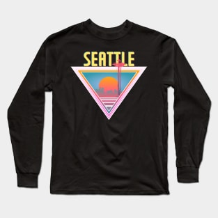 Seattle City Skyline Silhouette Sunrise Retro 80's / 90's Vaporwave Aesthetics - Bright Vintage Design For Sunny Summer Days Long Sleeve T-Shirt